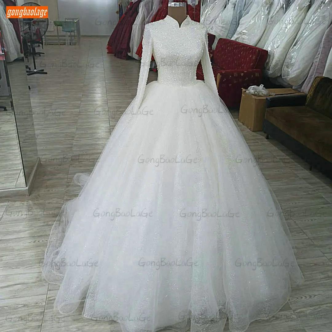 실제 사진 파란색 웨딩 드레스 흰색 이슬람 긴 소매 Abito Da Sposa 2021 아라비아 신부 드레스, 맞춤 제작 Suknie Slubne